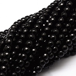 Black Faceted Natural Agate Round Beads Strands, Dyed, Black, 6mm, Hole: 1mm, about 64pcs/strand, 14.7 inch