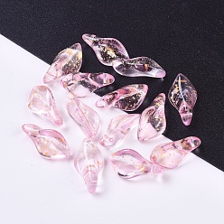 Pink Transparent Glass Pendants, with Glitter Powder, Petal, Pink, 17.5x8.5x4.5mm, Hole: 1mm