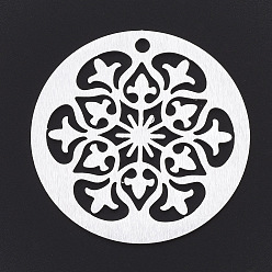 Серебро Алюминиевые большие подвески, Лазерная резка больших подвесок, плоские круглые с цветком, серебряный цвет гальваническим, 50x1 мм, отверстие : 3 мм