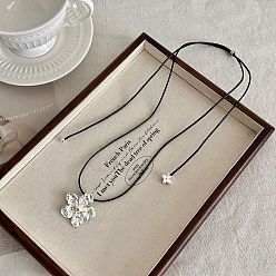 Серебро Подвеска в виде цветка из сплава и смолы, регулируемая длинная цепочка на черном вощеном шнурке для женщин., серебряные, 37.40 дюйм (95 см)