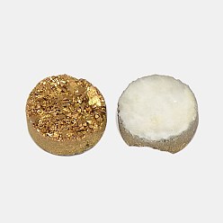 Gold Electroplate Natural Druzy Crystal Cabochons, Flat Round, Dyed, Gold, 8x3~6mm