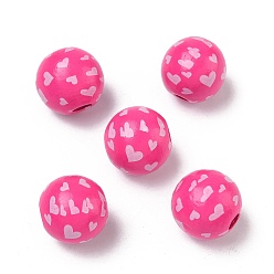 Темно-Розовый Европейские деревянные бусины ко Дню святого Валентина, окрашенные распылением и напечатанные, круглые с сердца шаблона, бусины с большим отверстием, темно-розовыми, 15~16 мм, отверстие : 4 мм