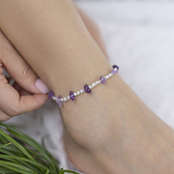 Аметист Браслеты на ногу из сплава, стеклянных бусин и натурального аметиста, 8-5/8 дюйм (220 мм)