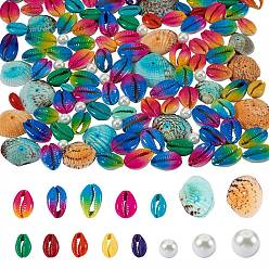 Mixed Color Spray Paint Cowrie Shell Beads, Two Tone, No Hole/Undrilled & Glass Pearl Round Bead, Mixed Color, Shell Beads: 300g/set, Glass Pearl Beads: 90Pcs/set