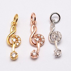 Mixed Color Brass Pendants, Micro Pave Grade AAA Cubic Zirconia, Musical Note, Cadmium Free & Nickel Free & Lead Free, Mixed Color, 18x6x3mm, Hole: 3mm
