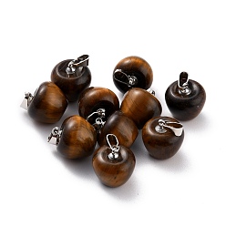 Тигровый глаз Природных тигровый глаз подвески, с петлями из платиновой латуни, яблоко, 14~15x14x14 мм, отверстие : 6x3 мм