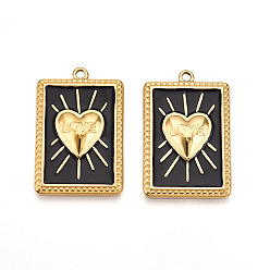 Черный 304 подвески из нержавеющей стали, с эмалью, прямоугольник с сердечком и надписью «любовь», ионное покрытие (ip), реальный 18 k позолоченный, чёрные, 28x18x3 мм, отверстие : 1.4~1.5 мм