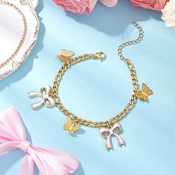 Pink 304 из нержавеющей стали Фигаро цепи браслеты, латунные филигранные и эмалевые подвески из сплава с подвесками-браслетами для женщин, бабочка и бантик, розовые, 7-1/4 дюйм (18.4 см)