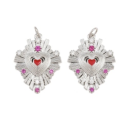 Deep Pink Brass Micro Pave Cubic Zirconia Pendants, with Red Enamel, Heart with Sunburst Charms, Rack Plating, Long-Lasting Plated, Lead Free & Cadmium Free, Platinum, Deep Pink, 25x19.5x3.5mm, Hole: 3mm