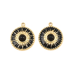 Negro 304 colgantes de esmalte de acero inoxidable, dijes redondos y planos con patrón de sol, con acrílico, revestimiento de iones (ip), real 18 k chapado en oro, negro, 17.5x15x4 mm, agujero: 1.5 mm