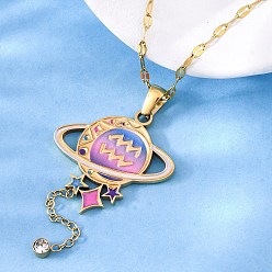 Водолей 304 ожерелья с подвесками в виде планет и созвездий из нержавеющей стали с перламутровой эмалью, с кристально горный хрусталь, золотые, Водолей, 15.94 дюйм (40.5 см)