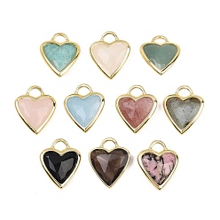 Смешанные камни Граненые подвески из натуральных смешанных камней, Подвески в форме сердца из латуни с драгоценными камнями в оправе, смешанные окрашенные и неокрашенные, золотые, 22x18.5~19x7 мм, отверстие : 5x4 мм
