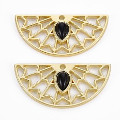 Black Rack Plating Alloy Pendants, with Resin, Cadmium Free & Lead Free, Fan, Black, 19x40x4.5mm, Hole: 1.8mm