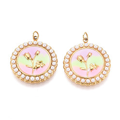 Бледно-Розовый 304 подвески из нержавеющей стали и эмалированного АБС-пластика с имитацией жемчуга, плоские круглые с цветком, с целью перехода в кольце, ионное покрытие (ip), реальный 18 k позолоченный, розовый жемчуг, 23x21x3 мм, отверстие : 2.8 мм