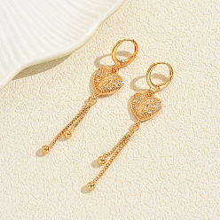 Сердце Серьги-кольца из латуни с прозрачным кубическим цирконием, реальный 18 k позолоченный, сердце, 60 мм