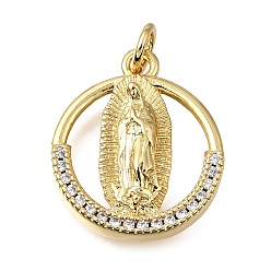 Real 16K Gold Plated Religion Brass Clear Cubic Zirconia Pendants, Ring with Virgin Mary Charms, Real 16K Gold Plated, 19.5x16.5x4mm, Hole: 3mm