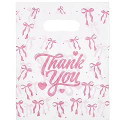 Pink 100 Sacs réutilisables écologiques imprimés avec un nœud papillon et un message de remerciement, Sacs de courses en PE avec anse trouée, rectangle, rose, 20.2x14.5x0.008 cm