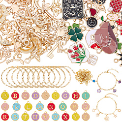 Mixed Color DIY Bracelets Making Kit, Including 10Pcs 304 Stainless Steel Paperclip Chains Bracelets, 96Pcs Alloy Pendants, 200Pcs Brass Open Jump Rings, Mixed Color, 188mm