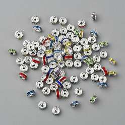 Mixed Color Brass Grade A Rhinestone Spacer Beads, Silver Color Plated, Nickel Free, Mixed Color, 4x2mm, Hole: 0.8mm