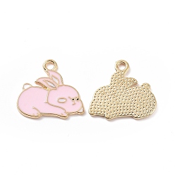 Pink Alloy Enamel Pendants, Rabbit Charm, Light Gold, Pink, 17.5x18.5x1mm, Hole: 2mm