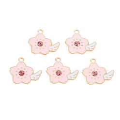 Pink Pendentifs en émail , avec strass, sans cadmium et sans plomb, or et de lumière, fleur, rose, 19x21.5x4mm, Trou: 2mm