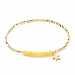 Золотистый Натуральный малайзийский нефрит (окрашенный) круглый эластичный браслет из бисера с 304 подвесками в виде звезд из нержавеющей стали, украшения из драгоценных камней для женщин, золотые, внутренний диаметр: 2-1/4 дюйм (5.7 см)