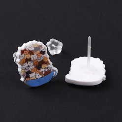 Colorful Acrylic Cat Stud Earrings with Platic Pins for Women, Colorful, 14x12~12.5mm, Pin: 1mm