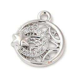 Platinum Brass Micro Pave Cubic Zirconia Charms, Flat Round with Moon & Star, Platinum, 13x11x2.2mm, Hole: 1.2mm