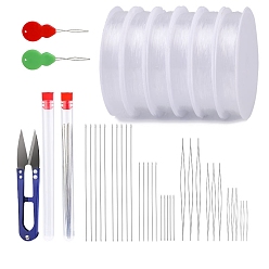 Белый Набор инструментов для бисероплетения, включая 6 рулоны эластичные хрустальные струны, 2шт. нитевдеватель, резать ножницами, иглы для изготовления украшений своими руками, белые, 0.6 мм, размер упаковки: 160x80x45 мм