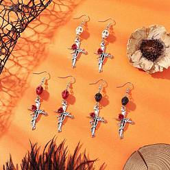 Античное Серебро 3 пары 3 цвета серьги-подвески из сплава синтетической бирюзы, окрашенные в стиле хэллоуин, с  латунными крючками для серег, крест с розой, античное серебро, 75.5x23.5 мм, 1 пара / цвет