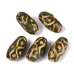 Medium Sea Green Vintage Handmade Porcelain Beads, Fancy Antique Glazed Porcelain, Oval with Ethnic Pattern, Medium Sea Green, 35~37x17~19mm, Hole: 3~3.5mm