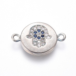 Платина Соединители из латуни с микропаве и кубическим цирконием, плоский круглый с hamsa рука / рука fatima / рука miriam, синий и прозрачный, платина, 10.5x15.5x1.5 мм, отверстие : 1.2 мм