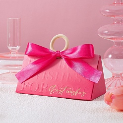 Ярко-Розовый Складные картонные коробки для конфет, коробка для упаковки свадебного подарка, с деревянной ручкой, ярко-розовый, 12.8x7x7.4 см