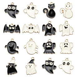Blanc 70 pcs 14 styles pendentifs en émail d'alliage d'halloween, sans cadmium et sans plomb, or et de lumière, fantôme et chat et chauve-souris, noir et blanc, 13~22x14~20x1.5mm, Trou: 2mm, 5 pcs / style
