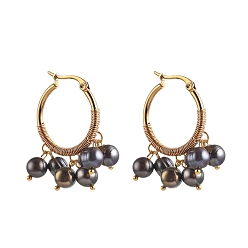 Bleu De Prusse 304 boucles d'oreilles en acier inoxydable, avec des perles de culture d'eau douce naturelles, or, null, 41x25mm, pin: 1.3x0.7 mm