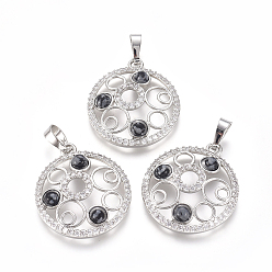 Snowflake Obsidian Natural Snowflake Obsidian Pendants, with Platinum Tone Brass Findings and Crystal Rhinestone, Flat Round, 29x25.5x4.5mm, Hole: 4.5x8mm