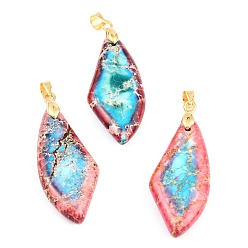 Красный Кулоны из натуральной императорской яшмы, с золотыми латунными петлями, ромб, окрашенные, красные, 40.8x15.1x5.8 мм, отверстие : 5x4 мм