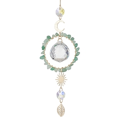 Золотой Подвесные ловцы солнца в форме капли из стекла с бусинами из натурального зеленого авантюрина., с латунными подвесками в виде луны, солнца и листьев., Подвесное украшение в виде призмы для дома и сада., золотые, 280 мм