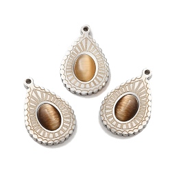 Stainless Steel Color 304 Stainless Steel Pendants, with Cat Eye, Teardrop Charm, Stainless Steel Color, 21x13.5x4mm, Hole: 1.4mm