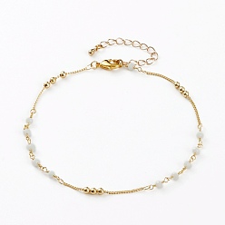 Белый Ножные браслеты из граненого стекла, с латунными бусинами и застежками в виде когтей лобстера, круглые, реальный 18 k позолоченный, белые, 9-7/8 дюйм (25.1 см)