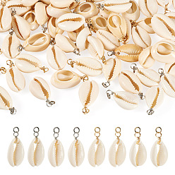 Морская Ракушка 60шт 2 цвета подвески из натуральной ракушки каури, подвески-ракушки с медными проволочными петлями, цвет морской раковины, платиной и золотом, 13.5~14x24.5~28x7.5~8 мм, отверстие : 3.5 мм, 30 шт / цвет
