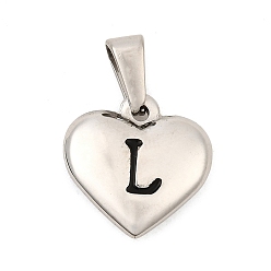 Letter L 304 подвески из нержавеющей стали, сердце с черной буквой, цвет нержавеющей стали, Письмо L, 16x16x4.5 мм, отверстие : 7x3 мм
