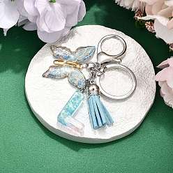 Letter L 26шт. брелок с кисточкой из прозрачной эпоксидной смолы, прозрачного акрила и искусственной замши, с кольцами для ключей из сплава, с цепочками и застежками-лобстерами, бабочка, Письмо L, 95~108 мм