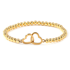 Золотой & Серебряный Браслеты из нержавеющей стали с переплетающимися звеньями в форме сердца, латунные круглые бусины эластичные браслеты для женщин, золотой и серебряный, 304 дюйм (6.89 см)