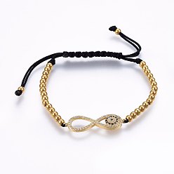 Золотой Регулируемые 304 из нержавеющей стали плетеный из бисера браслеты, с нейлоновым шнуром и латунным микропроводом кубических циркониевых связей, бесконечность, красочный, золотые, 1-7/8 дюйм (4.8 см) ~ 3 дюйм (7.8 см), 4 мм