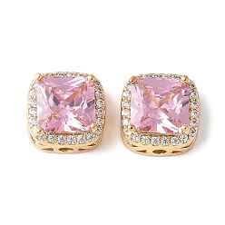 Бледно-Розовый Латунные микро проложить кубического циркония бусы, без кадмия, без никеля и без свинца, квадратный, реальный 18 k позолоченный, розовый жемчуг, 11x11x7 мм, отверстие : 2 мм