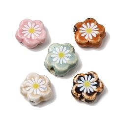 Mixed Color Glaze Daisy Flower Printed Porcelain Beads, Handmade Floral Ceramic Beads, Mixed Color, 15~16x15~16x5.5~6.5mm, Hole: 2mm