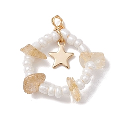 Цитрин Кусочки натурального цитрина и подвески из стеклянных семян, с 304 петлями из нержавеющей стали, кольцо с подвесками в виде звезд, 28~30x22~25x6~8 мм, отверстие : 1.5 мм