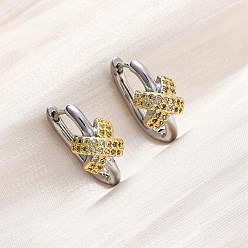 Настоящее золото 18K Х-образные серьги-кольца из латуни с микропаве из прозрачных кубических цирконий, долговечный, без свинца и без кадмия, реальный 18 k позолоченный, 18x16.5x9 мм