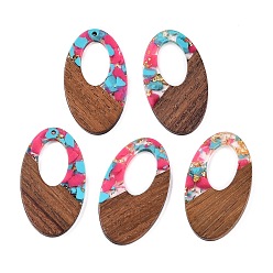 Ярко-Розовый Подвески из прозрачной смолы и ореха, полые овальные подвески с золотой фольгой, ярко-розовый, 49.5x28x4 мм, отверстие : 2 мм